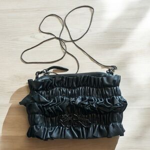 Betsey Johnson Geniune Leather Ruffle Evening Handbag Clutch Crossbody - Black